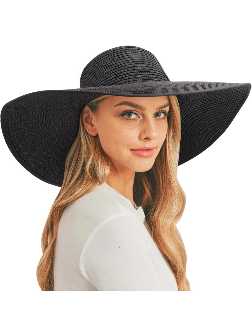 Women's Black Wide Brim Big Straw Floppy Foldable Roll up UPF 50+ Beach Sun Hat